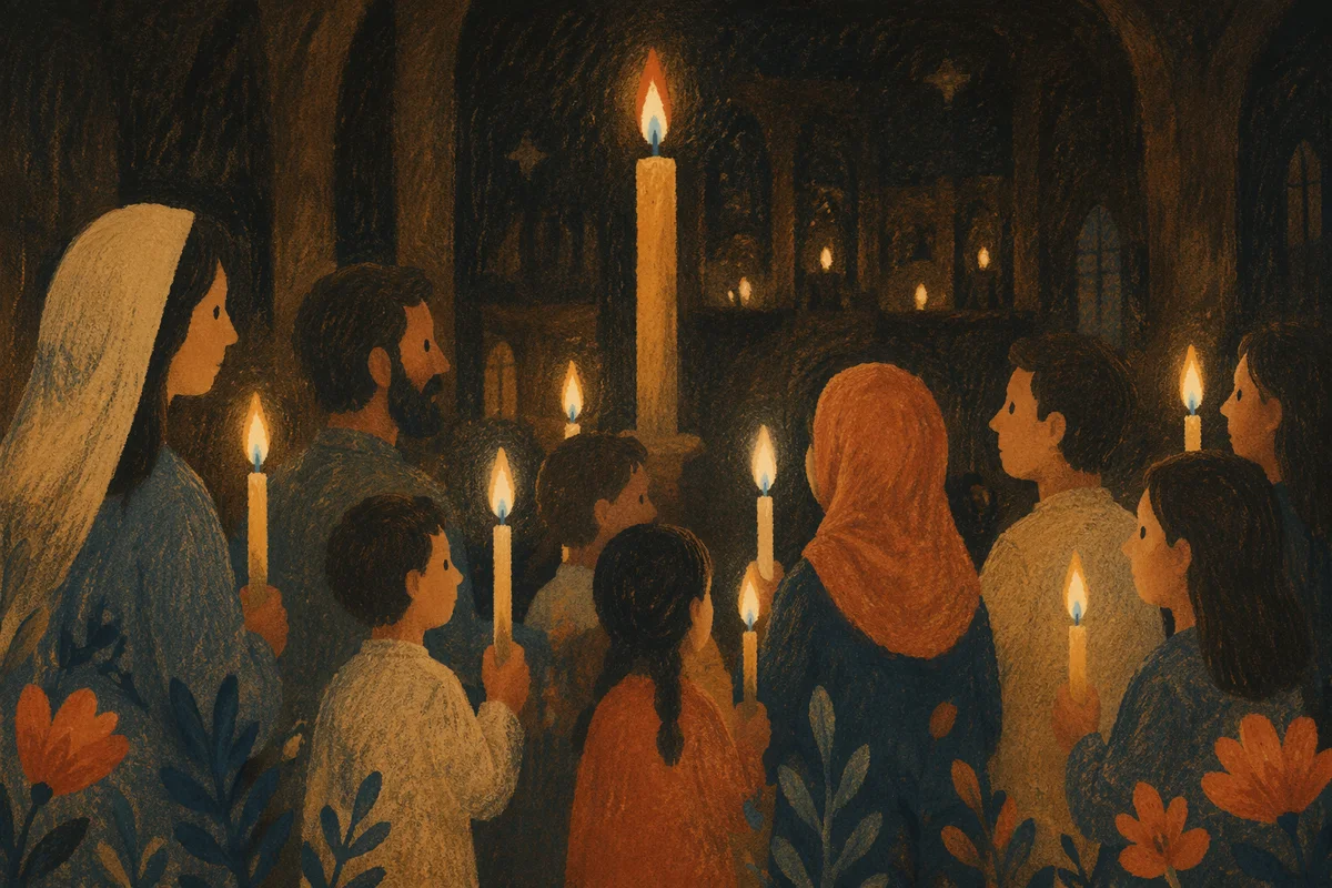 Easter Vigil Candlelight in Dark Church