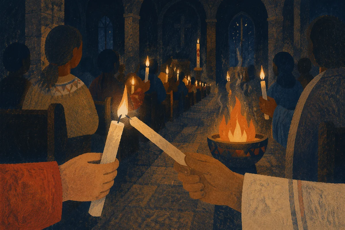Easter Vigil Candle Lighting in Dark Church