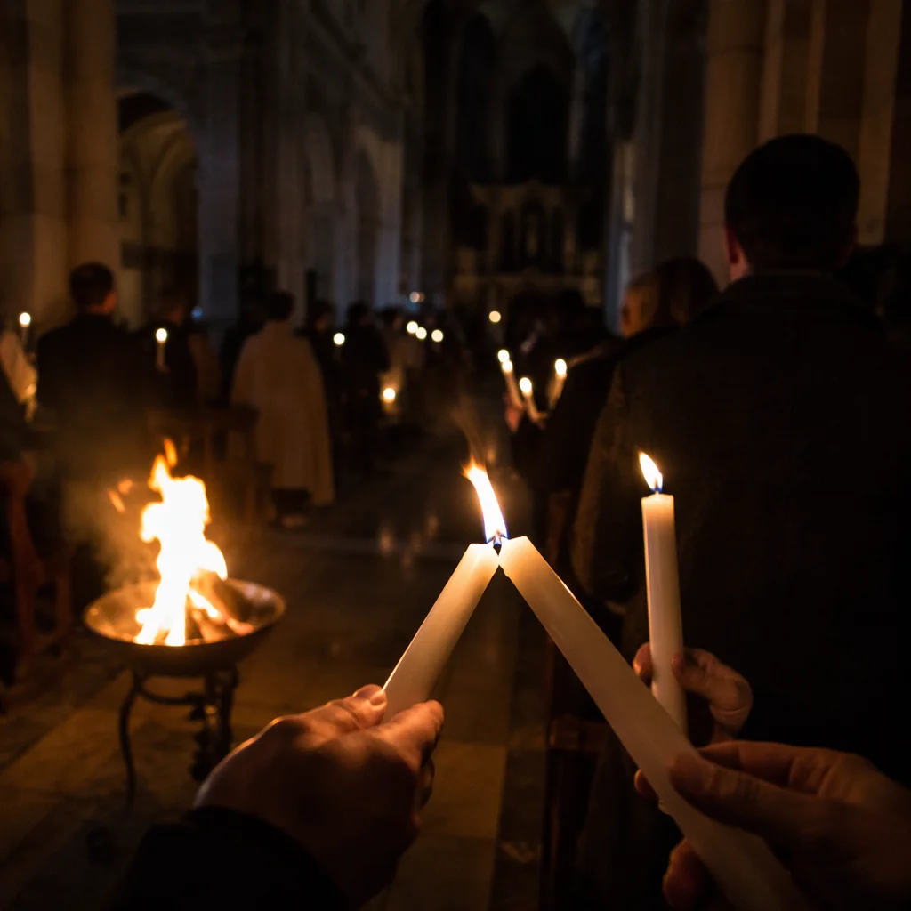 Easter Vigil Candlelight in Dark Church