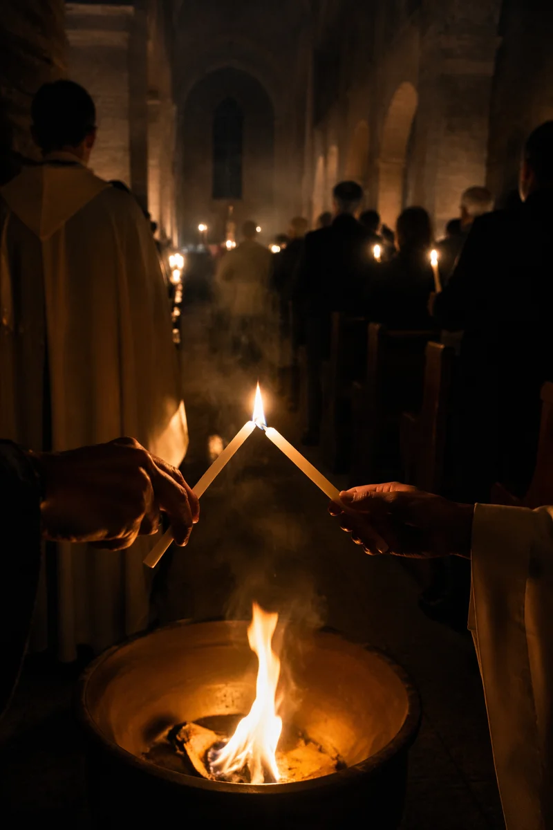 Easter Vigil Candle Lighting in Dark Church