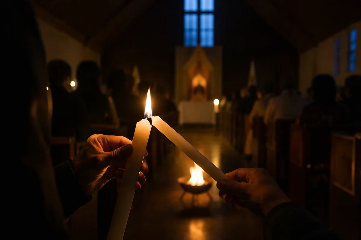 Easter Vigil Candle Lighting in Dark Chapel