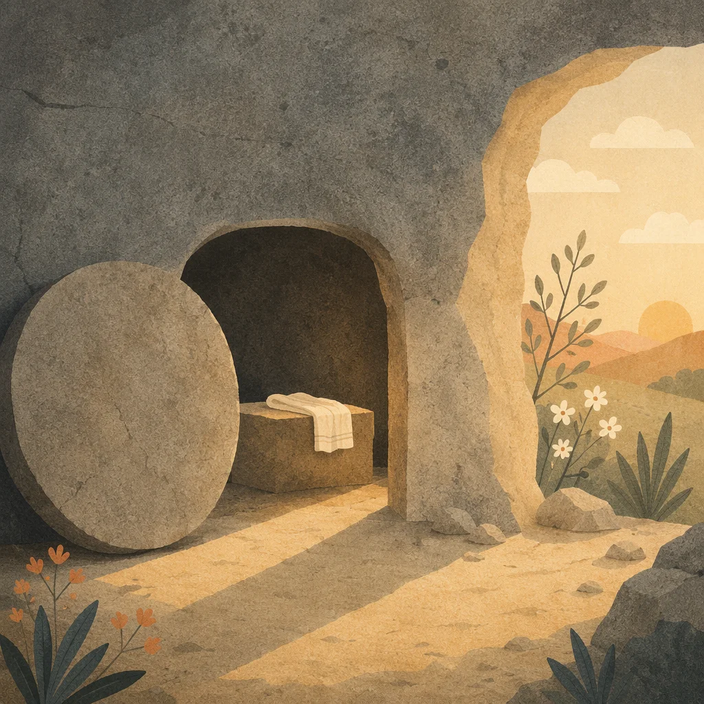 Empty Tomb at Dawn With Rolled Stone
