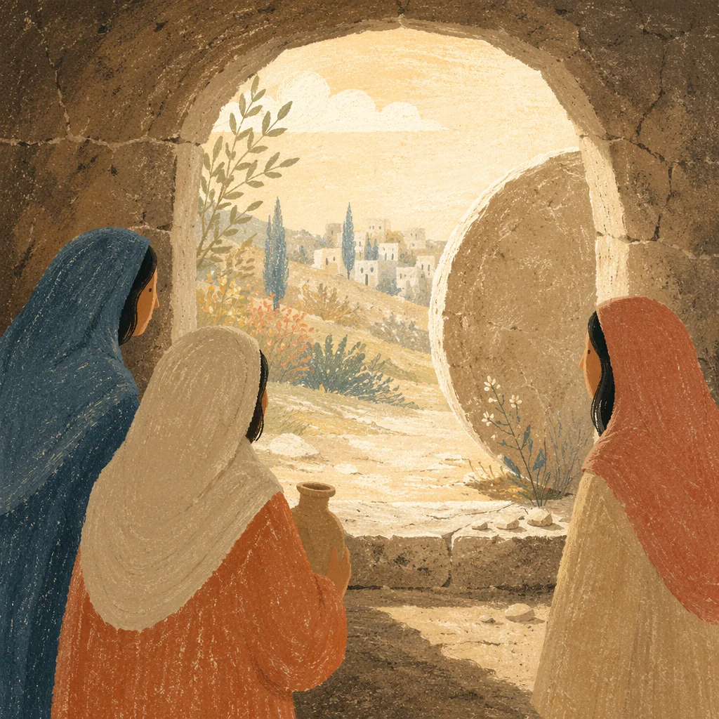 Empty Tomb at Dawn With Rolled Stone
