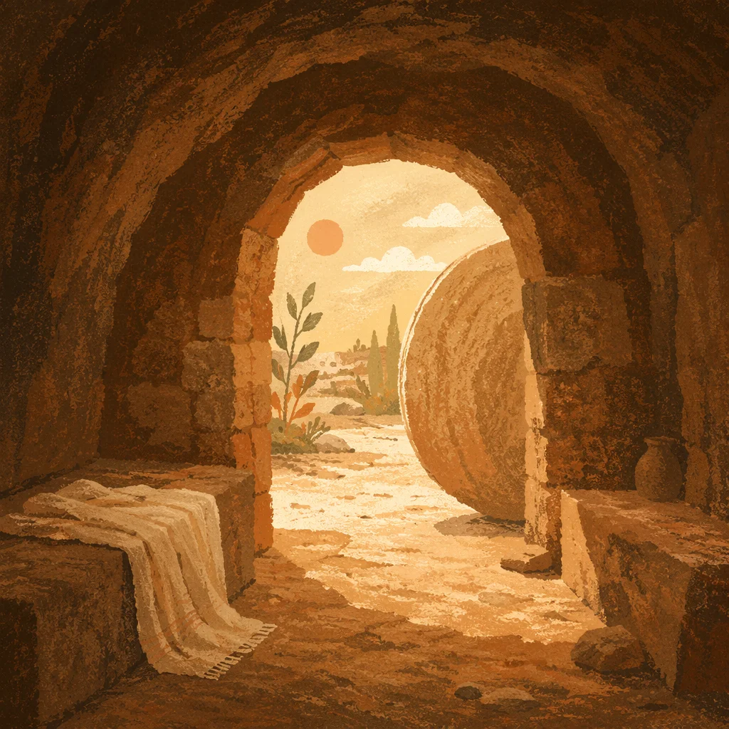 Empty Tomb with Rolled Stone at Dawn