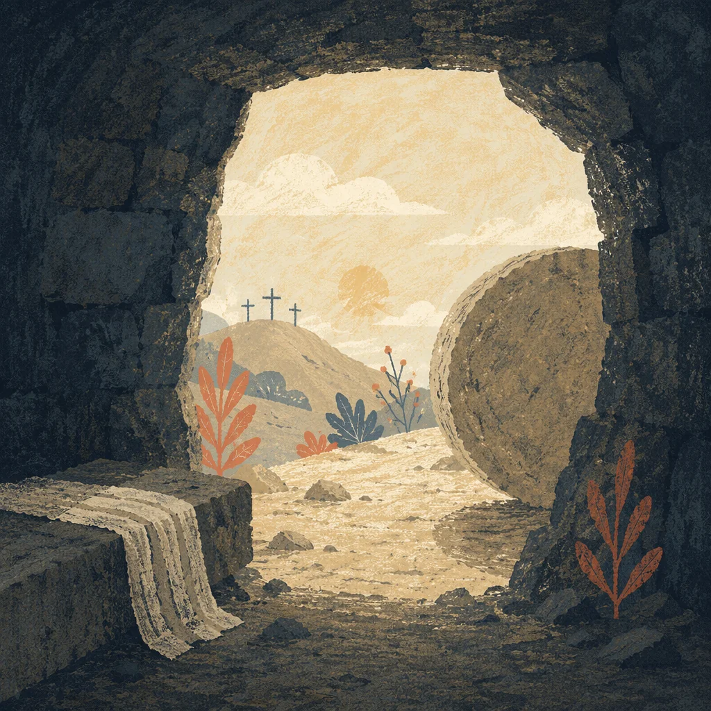Empty Tomb at Dawn with Rolled Stone