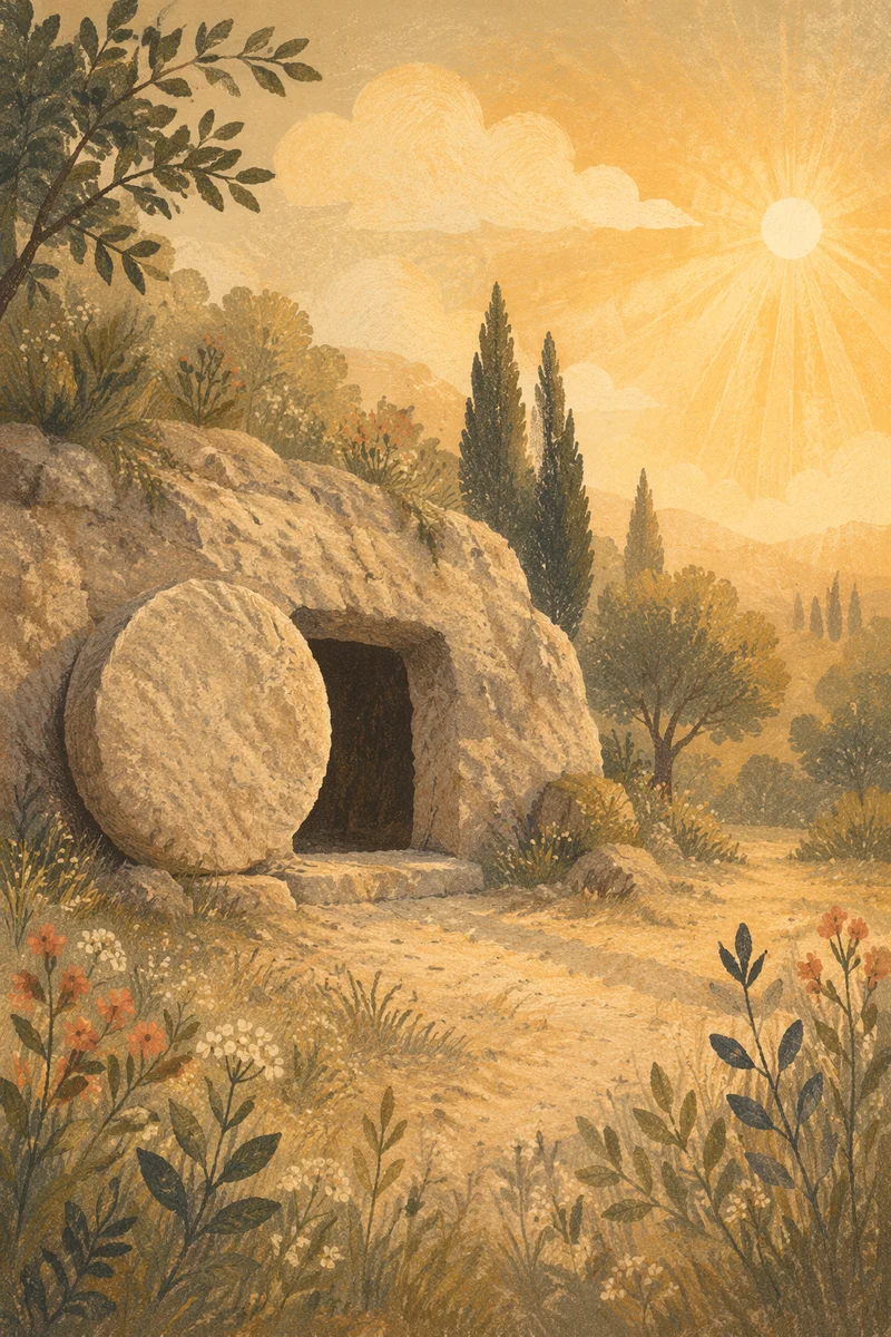 Empty Tomb at Sunrise in Quiet Garden