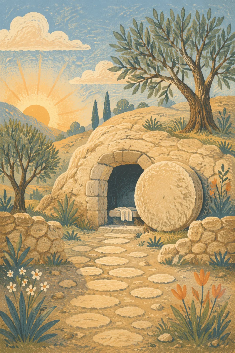 Empty Tomb at Dawn with Rolled Stone