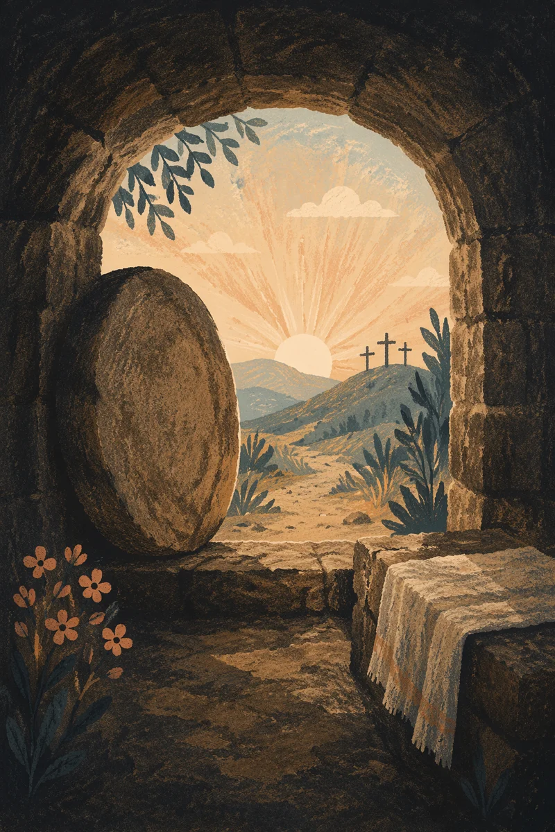 Empty Tomb at Sunrise with Rolled Stone