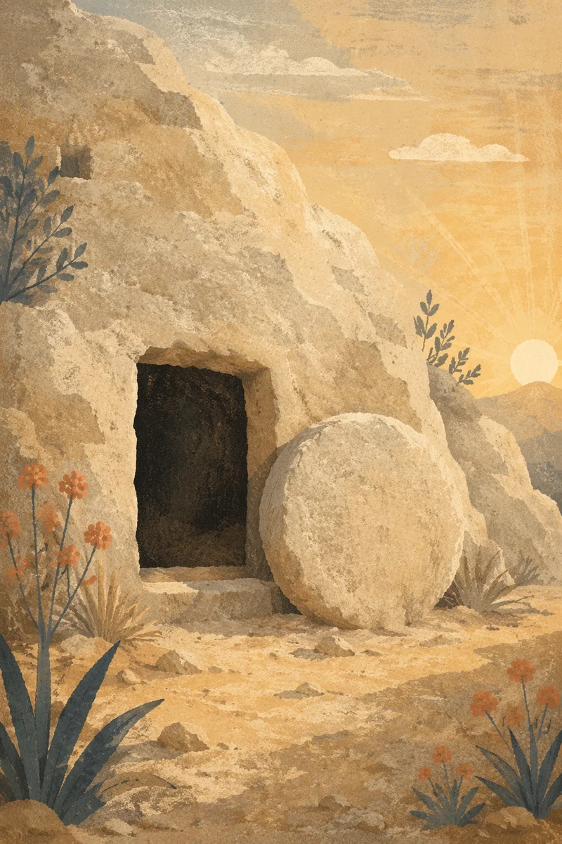 Empty Tomb at Sunrise with Rolled Stone