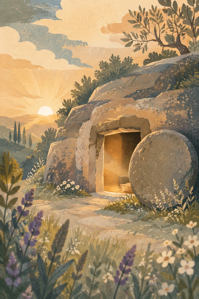 Empty Tomb at Sunrise in Spring Garden