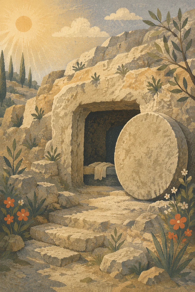Empty Tomb at Dawn with Rolled Stone