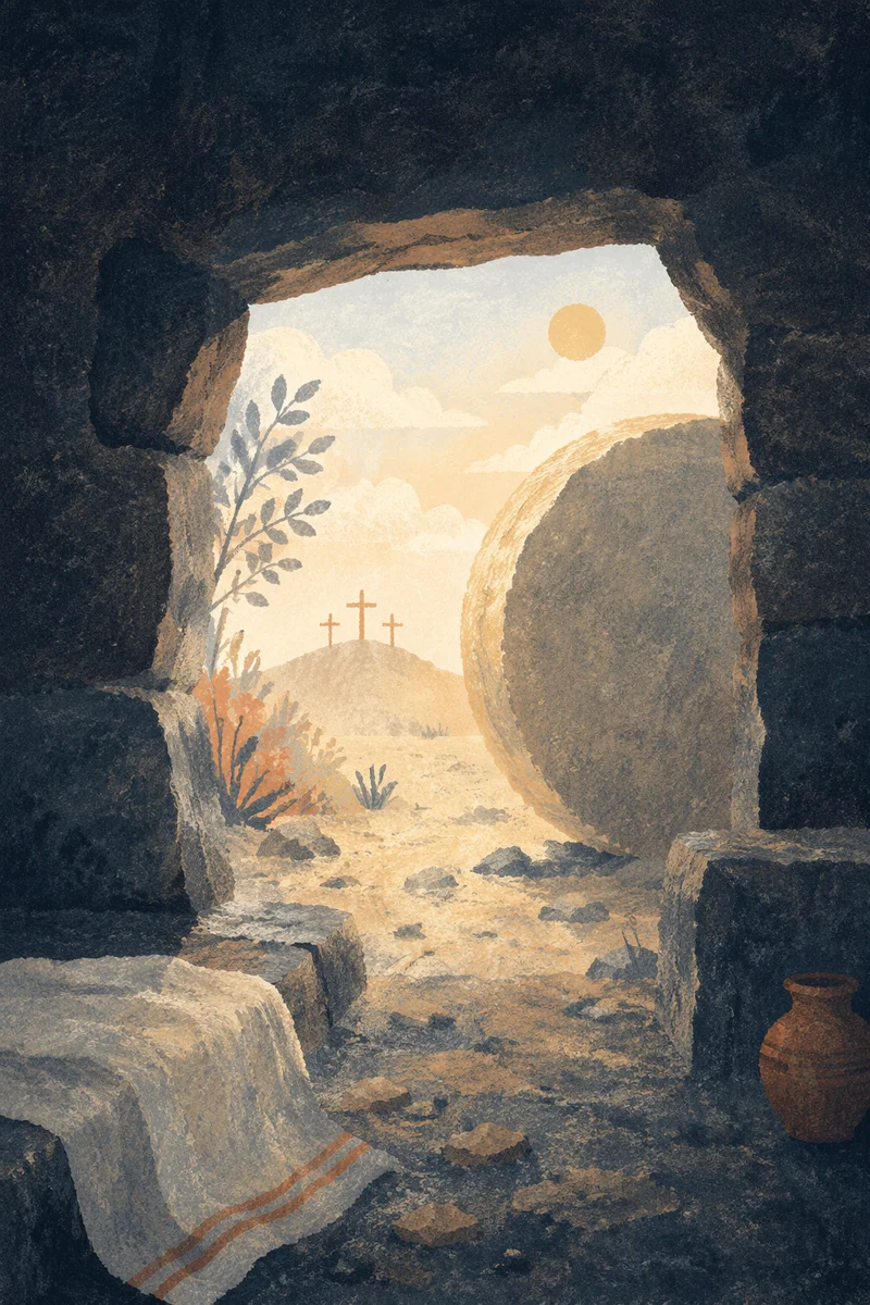 Empty Tomb at Dawn with Rolled Stone