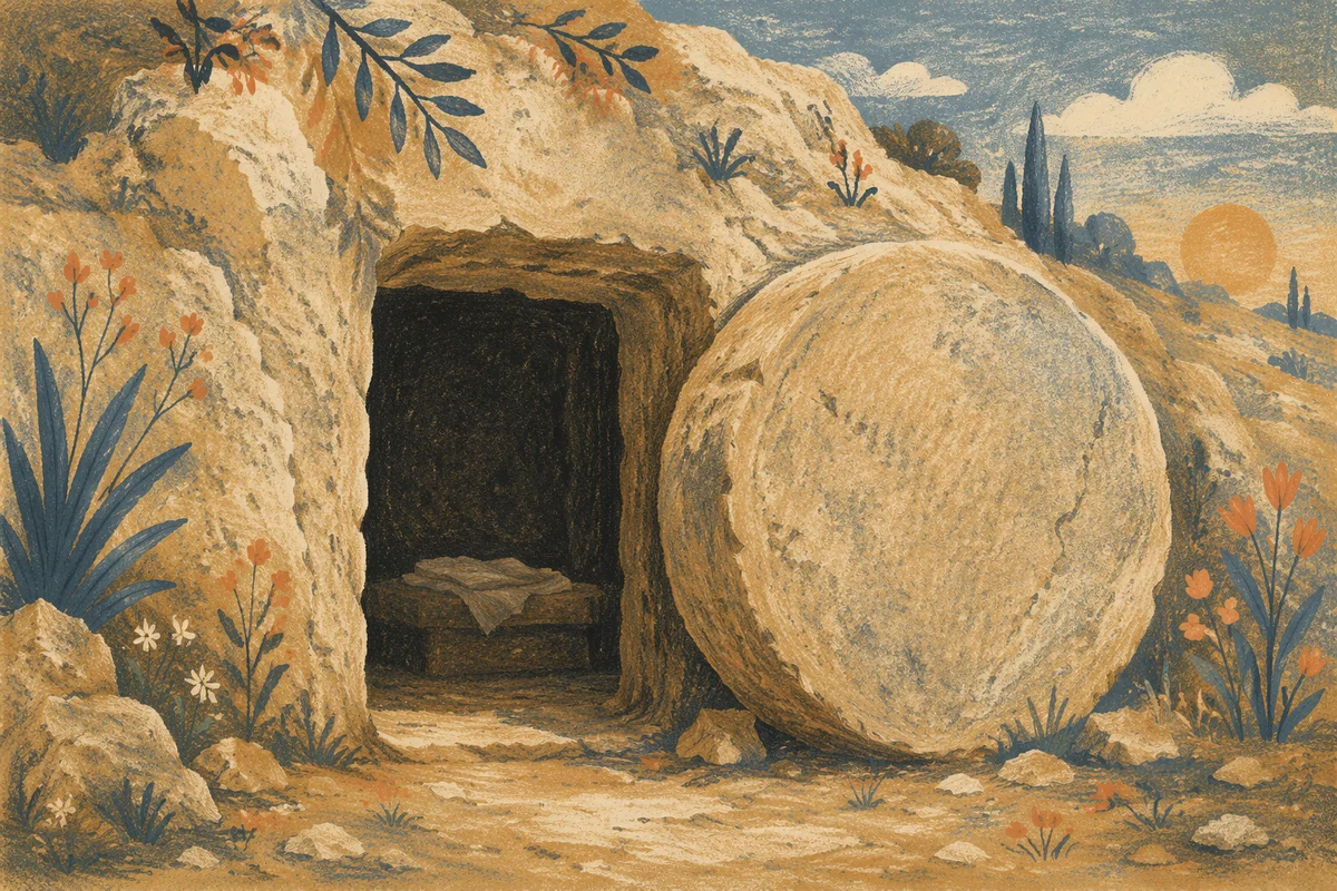 Empty Tomb with Rolled Stone at Dawn