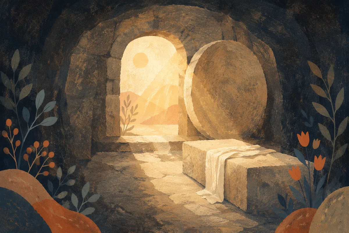 Empty Tomb at Dawn with Rolled Stone