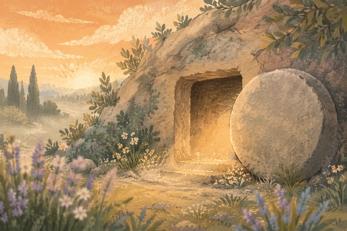Empty Tomb at Sunrise in Spring Garden
