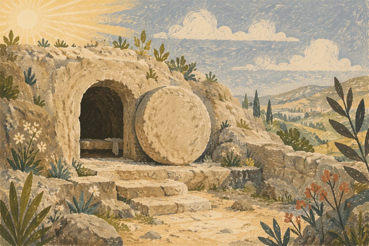 Empty Tomb at Dawn with Rolled Stone