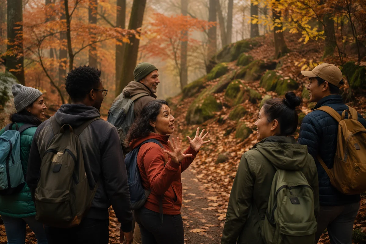 Group Hiking Forest Trail in Autumn