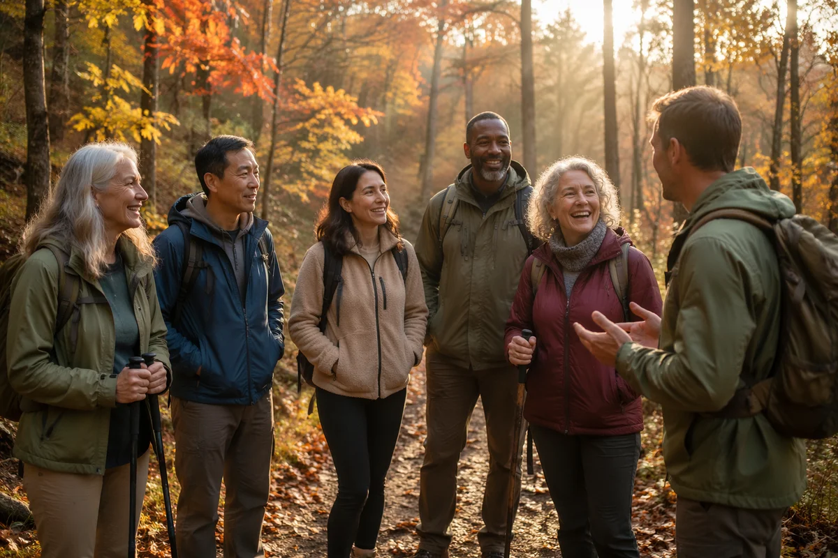 Group Hiking on Autumn Forest Trail