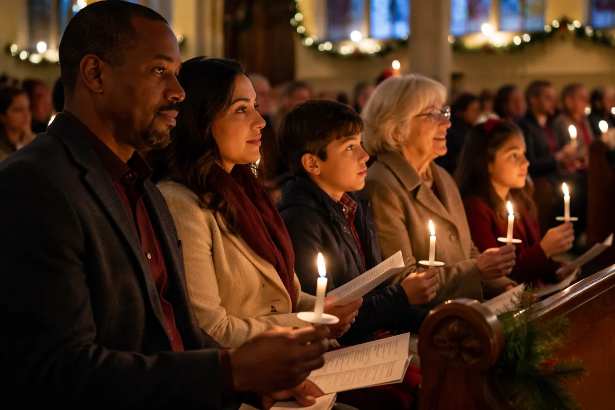 Family Holding Candles in Christmas Church