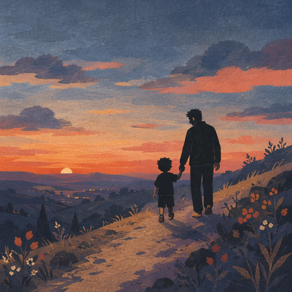 Father and Child Sunset Path Silhouette