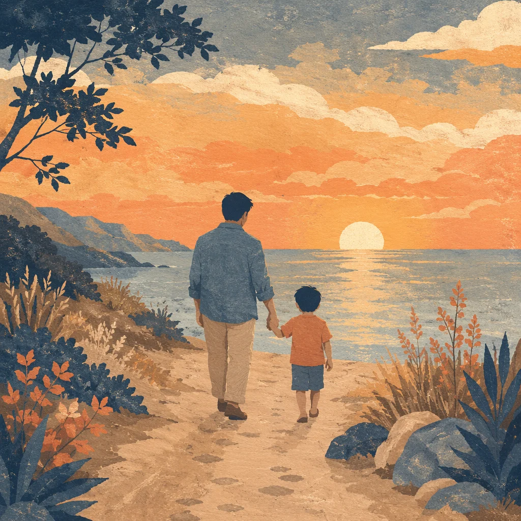 Father and Child Sunset Coastal Walk