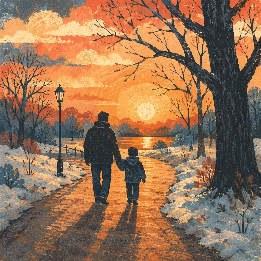 Father and Child on Winter Sunset Path
