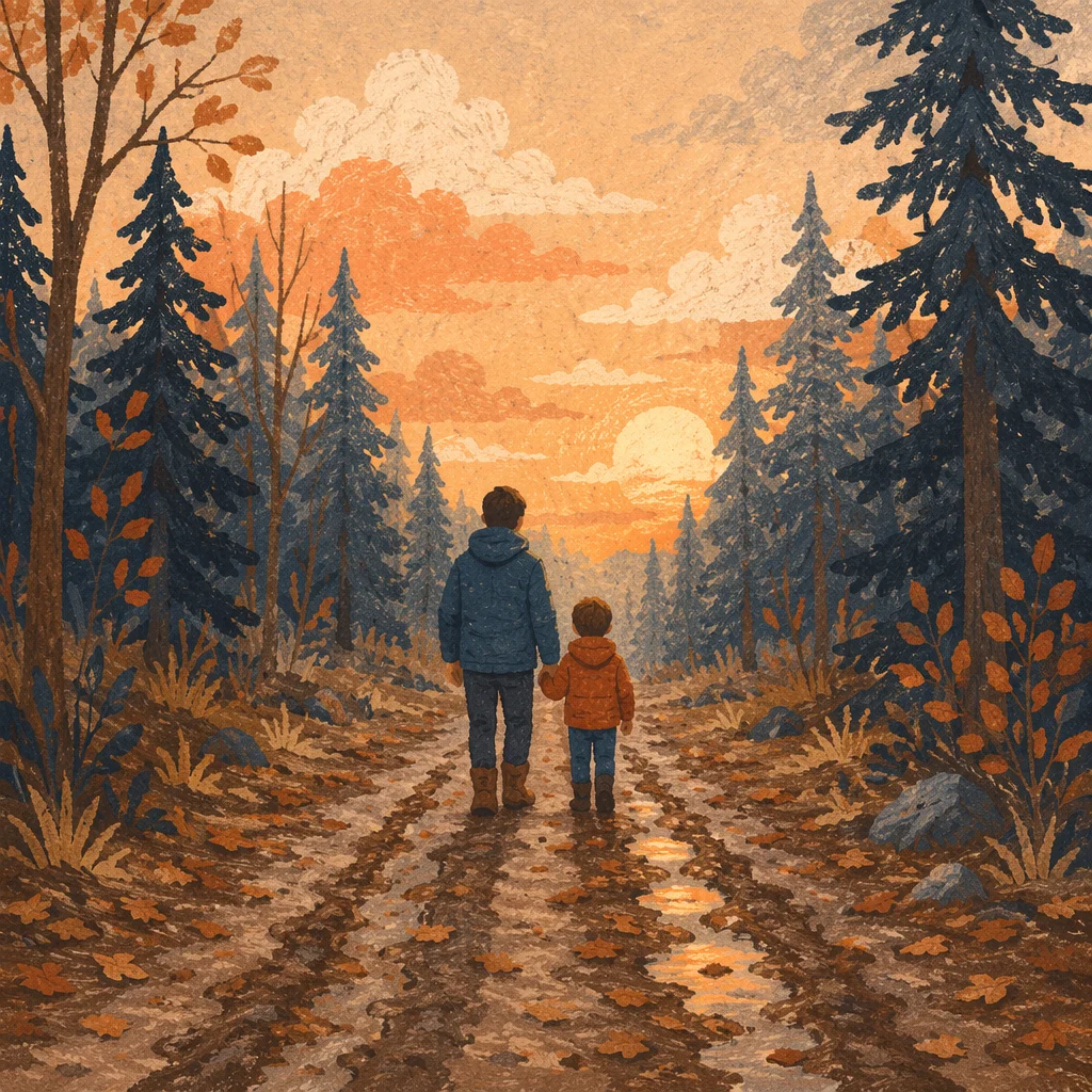 Father and Child on Autumn Forest Path