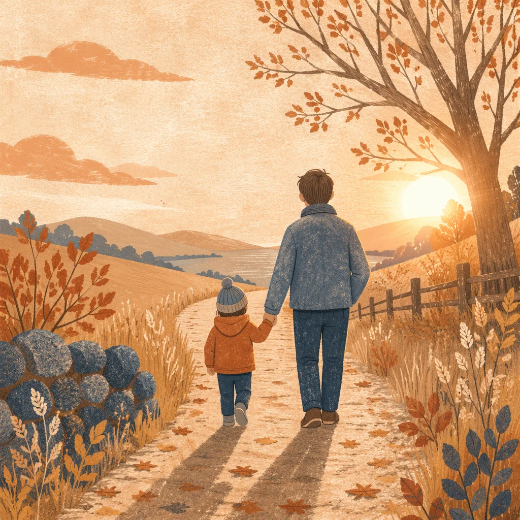 Father and Child on Autumn Sunset Path