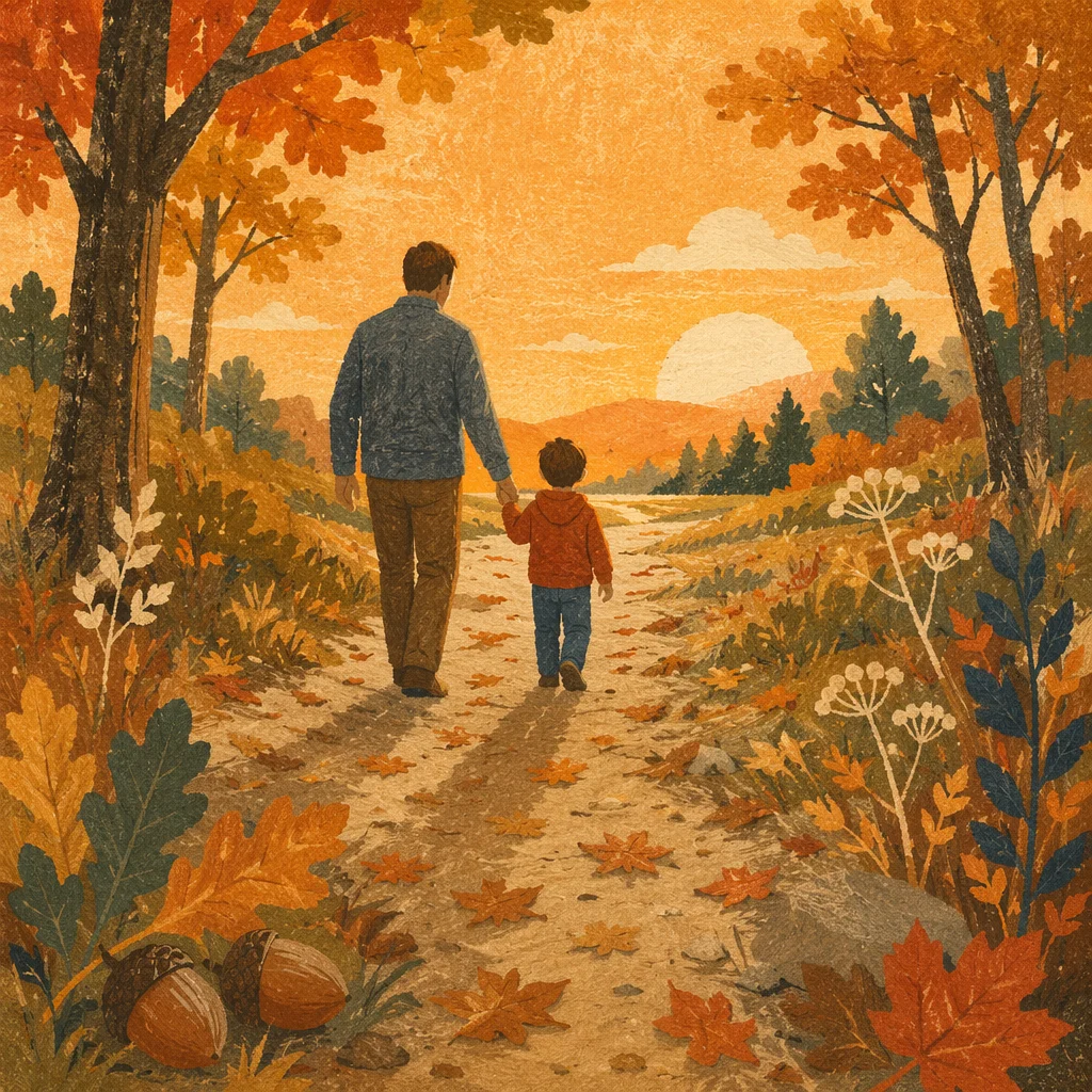 Father and Child on Autumn Sunset Path