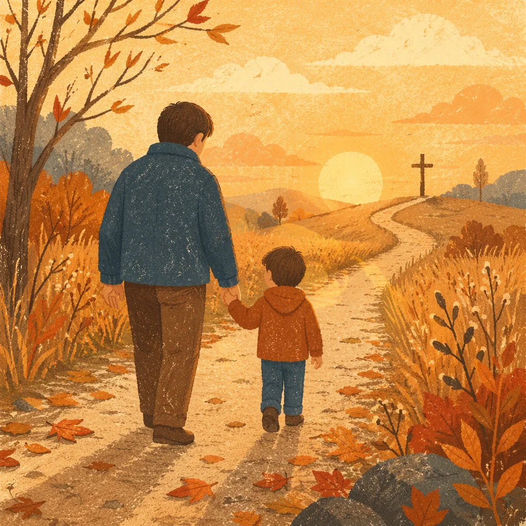 Father and Child on Autumn Faith Path