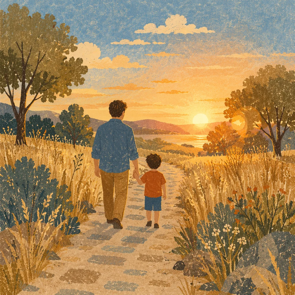 Father and Child on Sunset Meadow Path