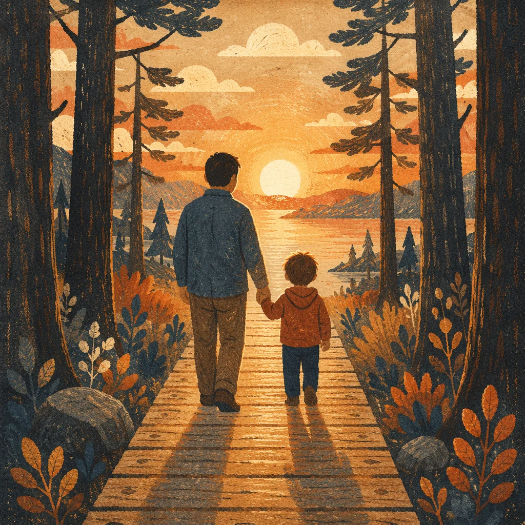 Father and Child Sunset Woodland Walk