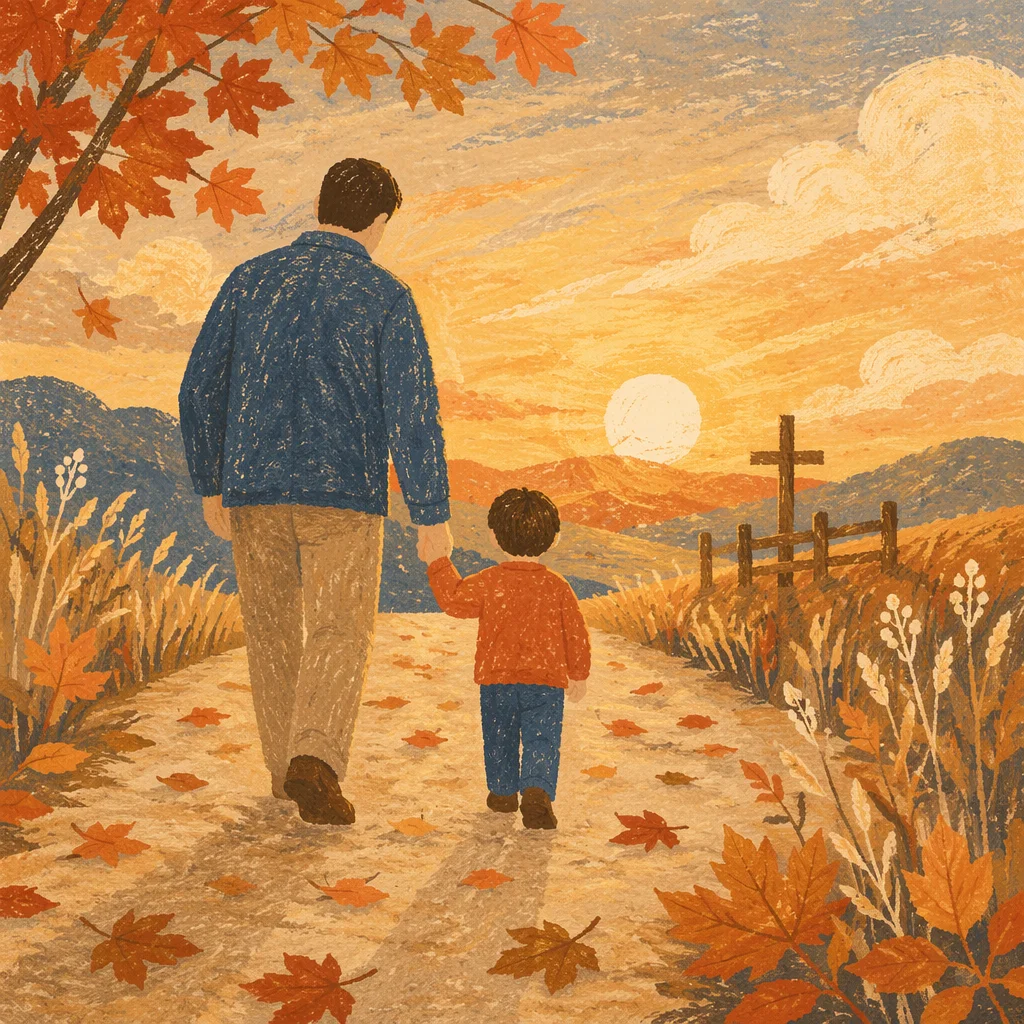 Father and Child on Autumn Sunset Path