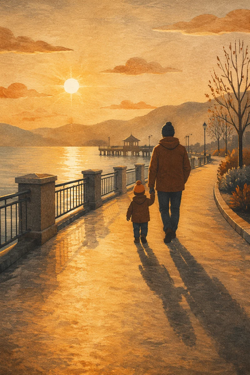 Father and Child Sunset Promenade Walk