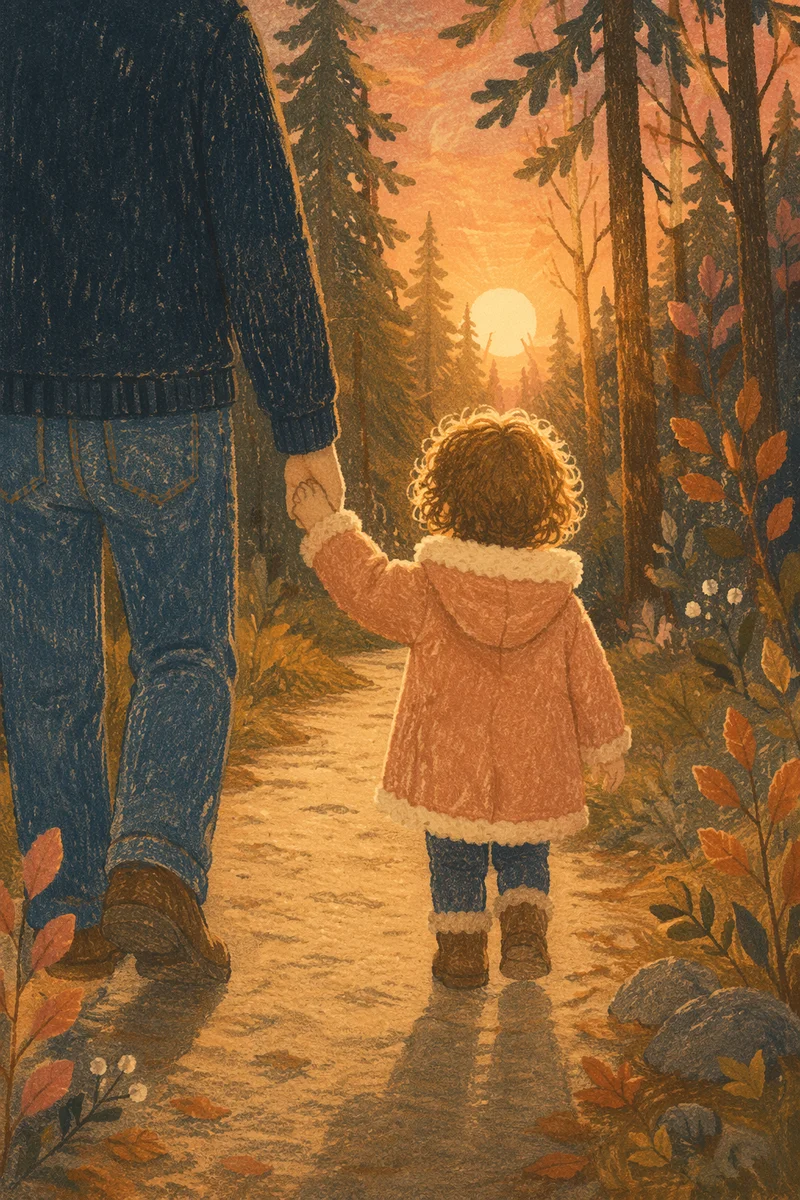 Father and Child on Sunset Woodland Path