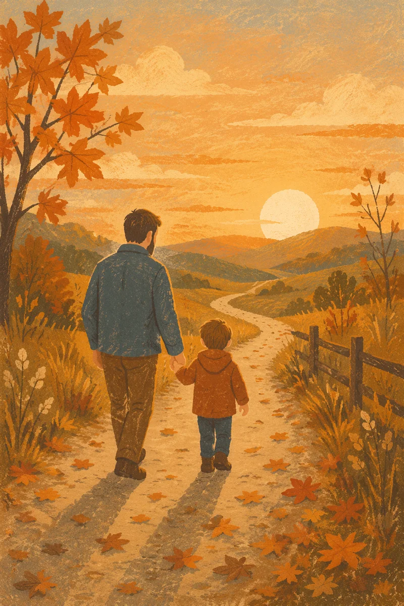 Father and Child on Autumn Sunset Path