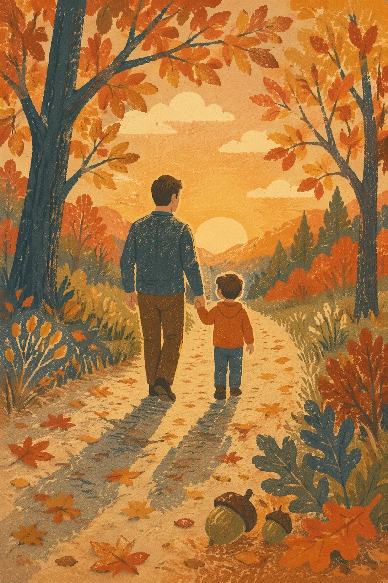 Father and Child on Autumn Sunset Path