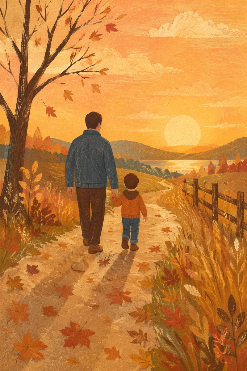 Father and Child on Autumn Sunset Path