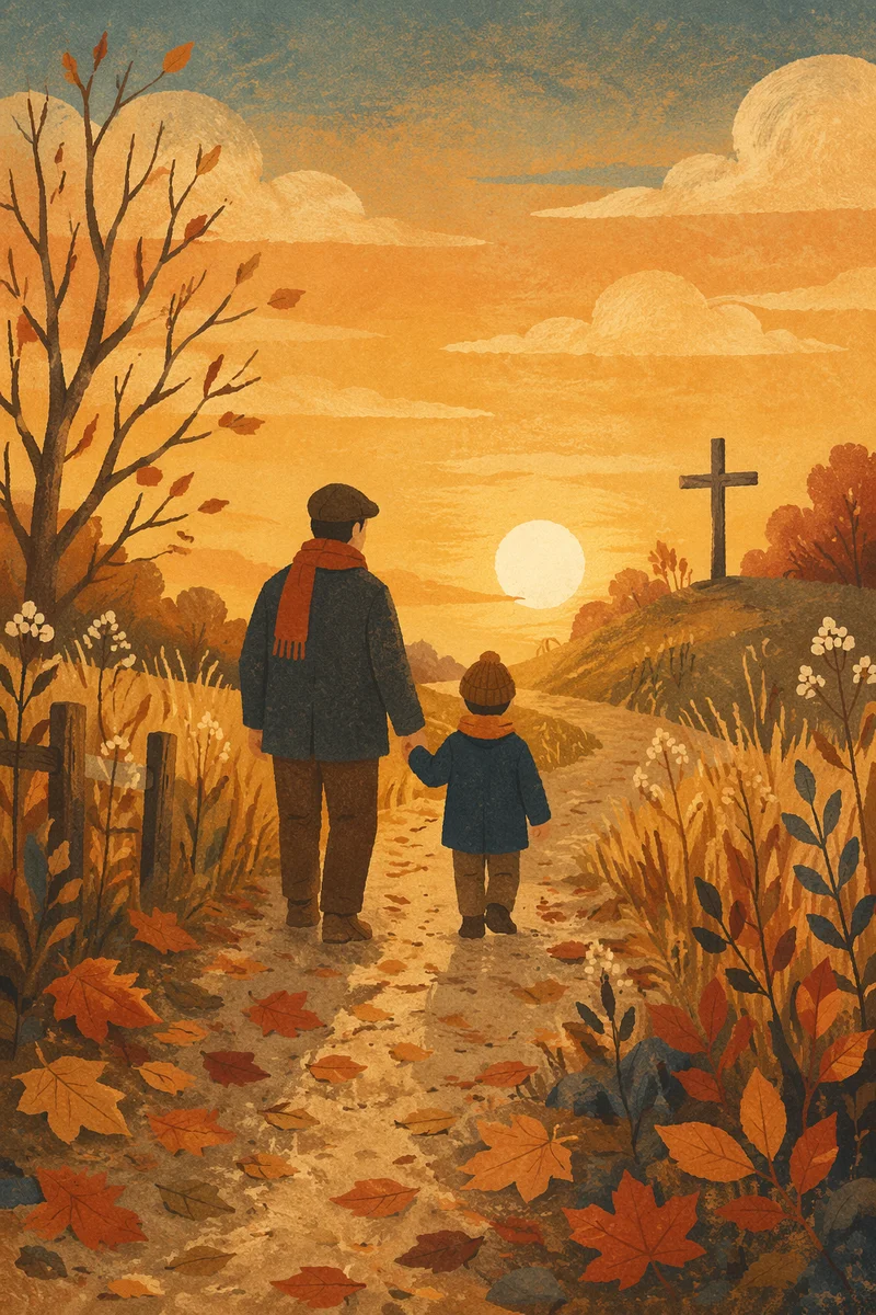 Father and Child on Autumn Sunset Path