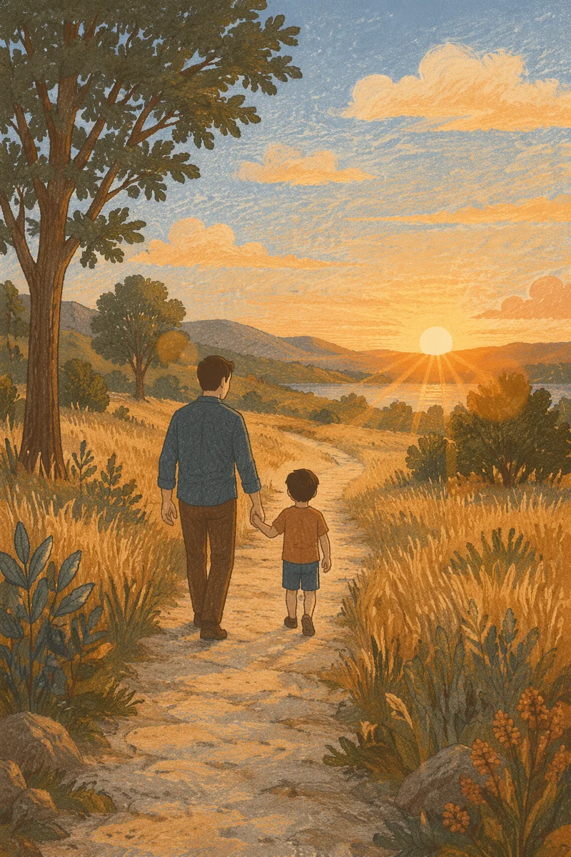Father and Child Sunset Meadow Walk