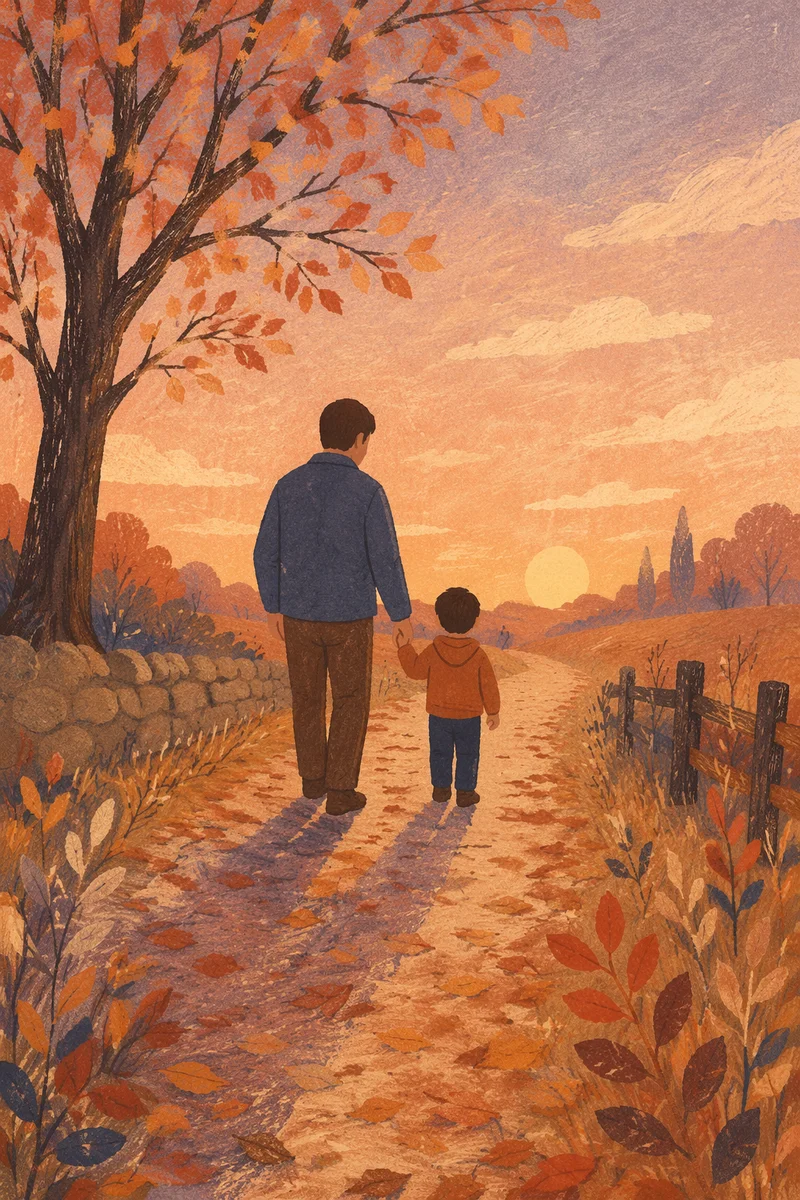 Father and Child on Autumn Sunset Path