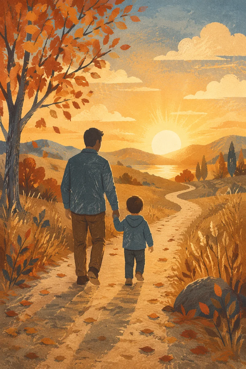 Father and Child on Autumn Sunset Path