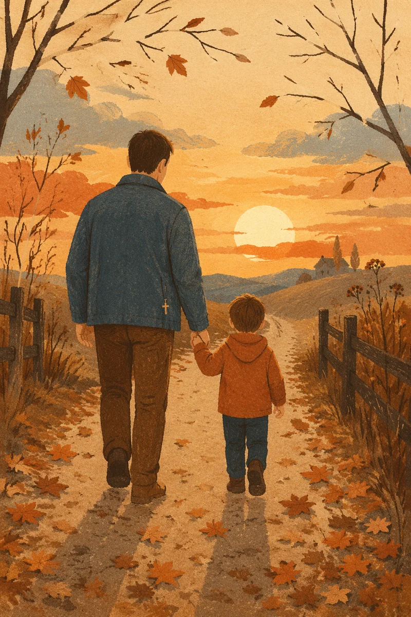 Father and Child on Autumn Sunset Path