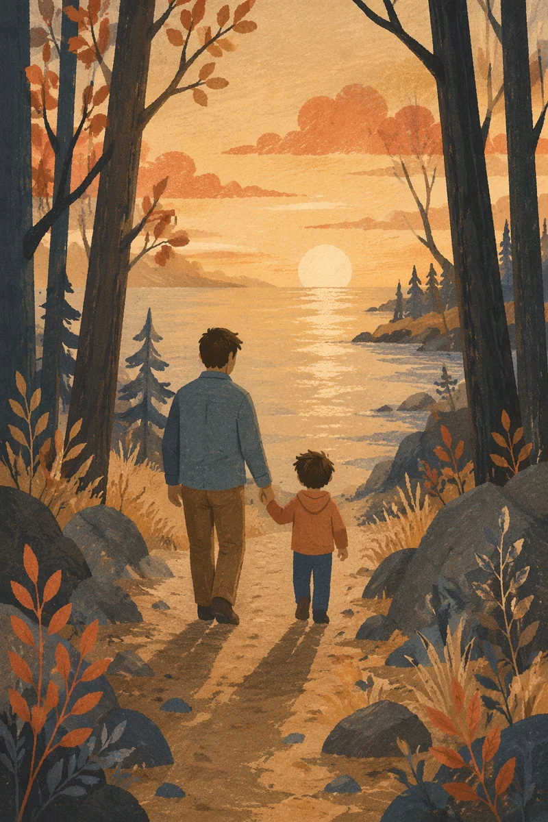 Father and Child Sunset Woodland Walk