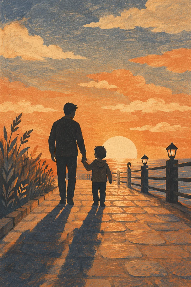 Father and Child Sunset Waterfront Walk