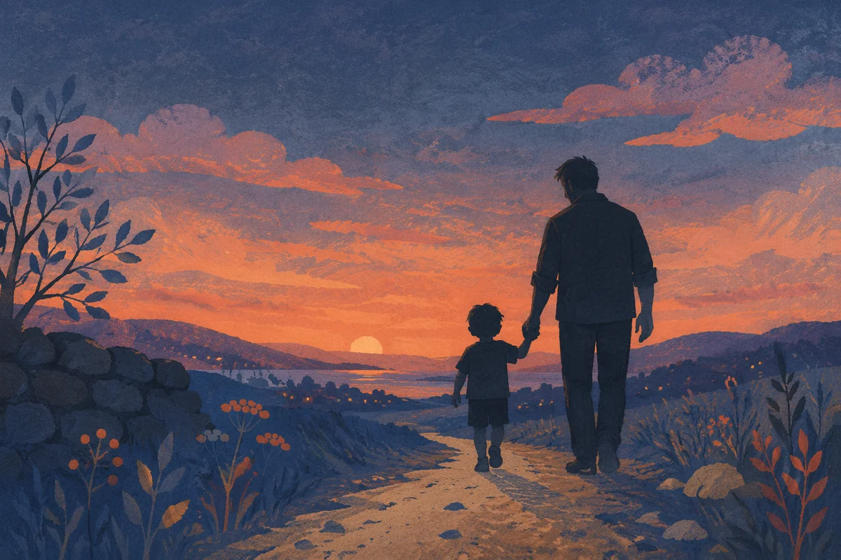 Father and Child Sunset Path Silhouette