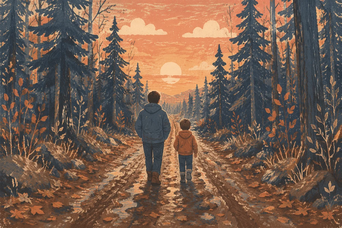 Father and Child on Forest Path at Sunset