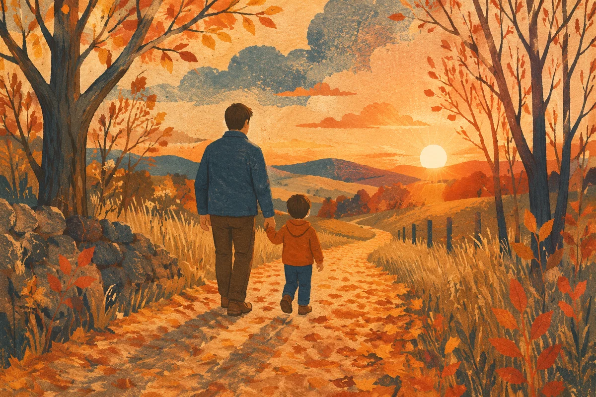 Father and Child on Autumn Sunset Path