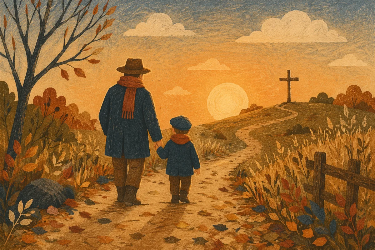Father and Child on Autumn Sunset Path