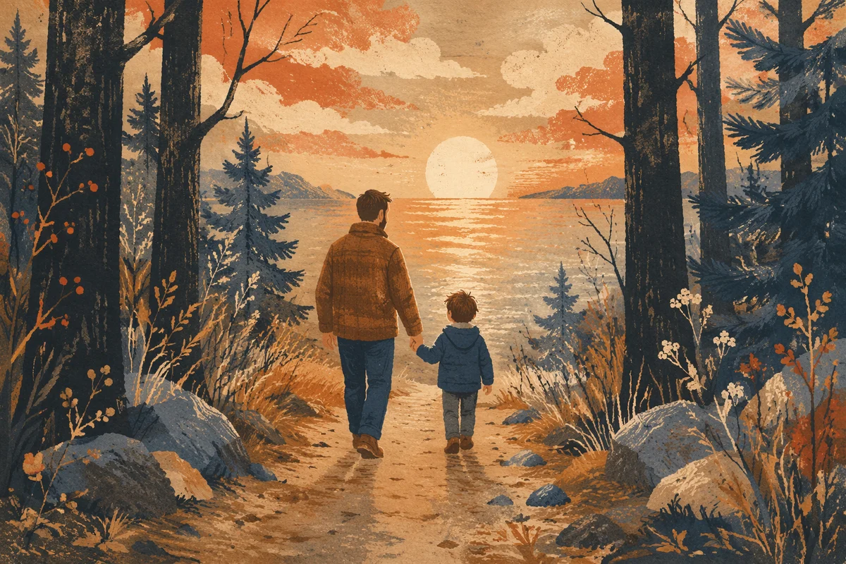 Father and Child Sunset Shore Path